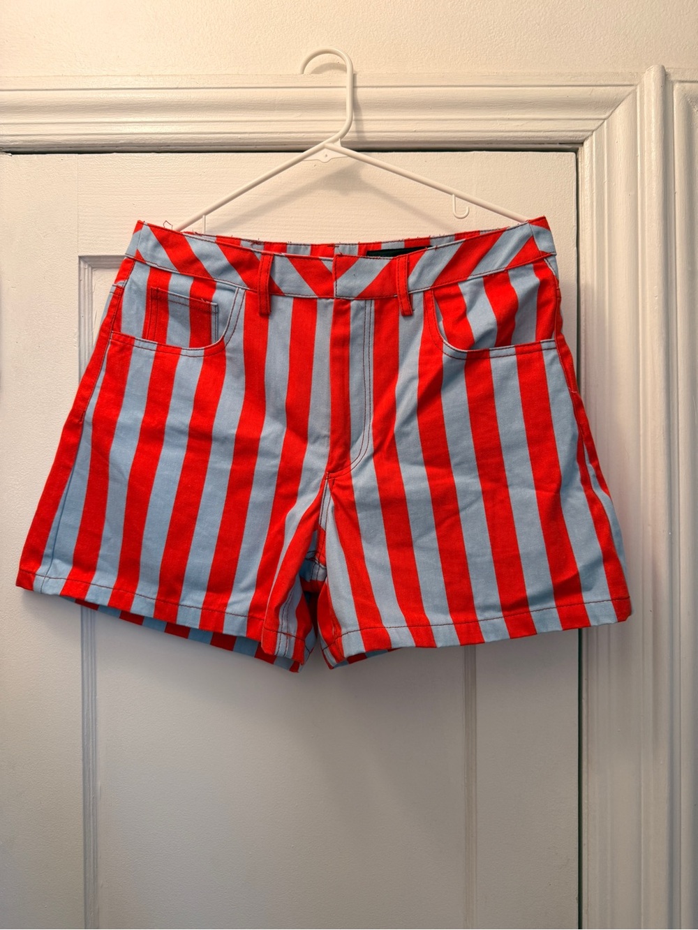 Zara Women's Red and Light Blue Striped Shorts size 8